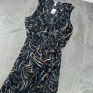 Ava & Viv Womens 1X Black Abstract Leaf Print Sleeveless V-Neck Maxi Dress NWT